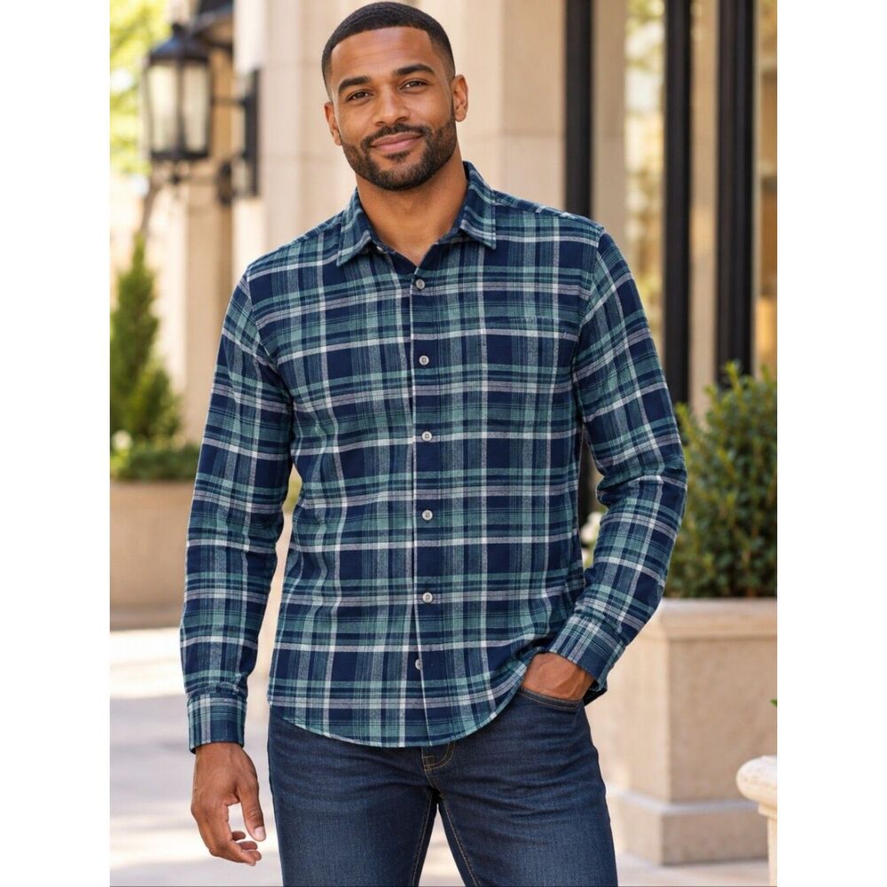 Apt. 9 Men's Blue Green Plaid Slim Fit Button Up Shirt Large Flannel Preppy